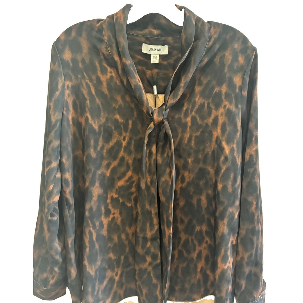 JASON WU~ Women's Leopard Print Bow Neck Long Sleeve Blouse~BROWN~Medium/ NWT